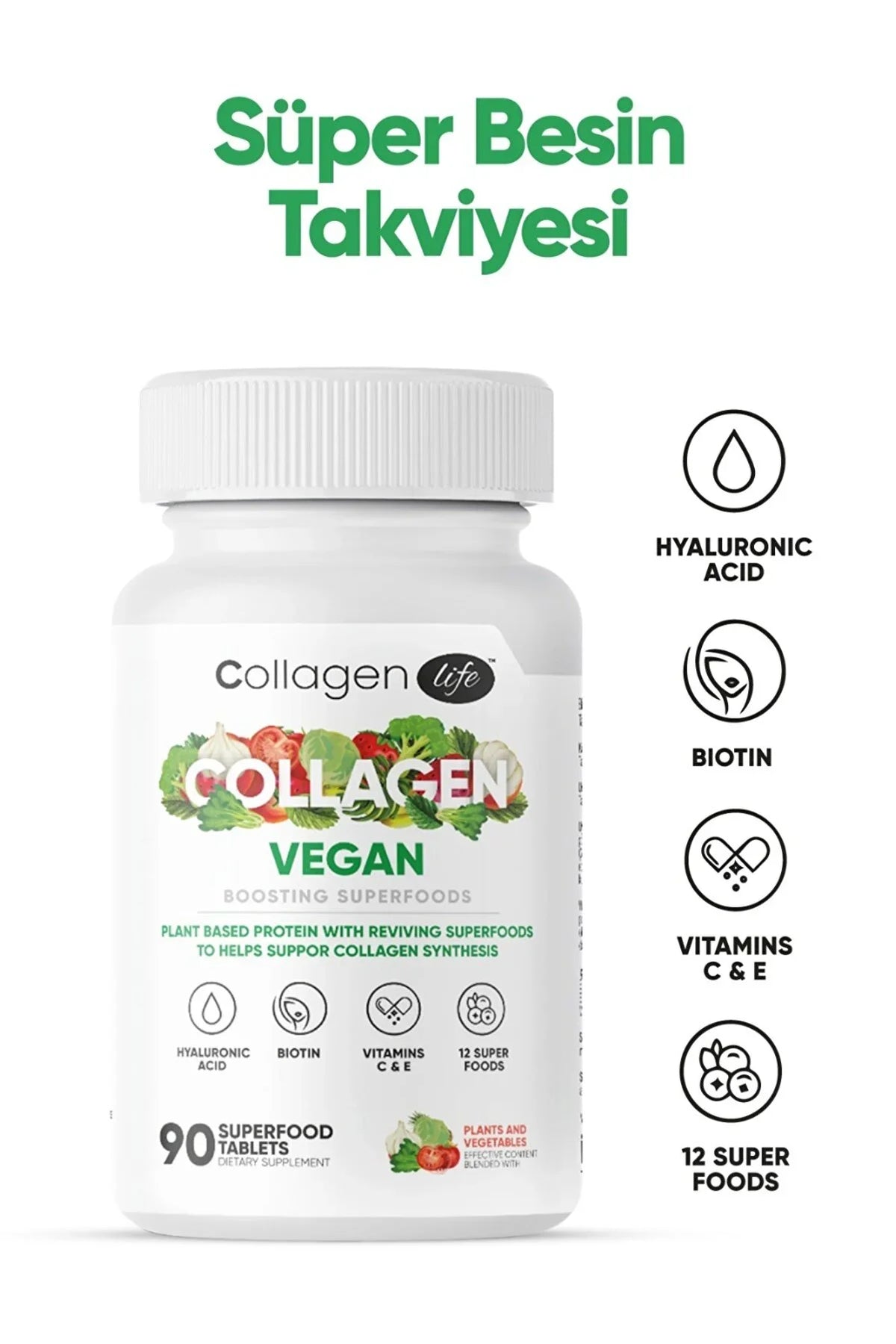 Biotin, Hyaluronıc Acıd ve Bitki Bazlı Protein Tozu ile Vegan Kolajen Desteği 90 Tablet