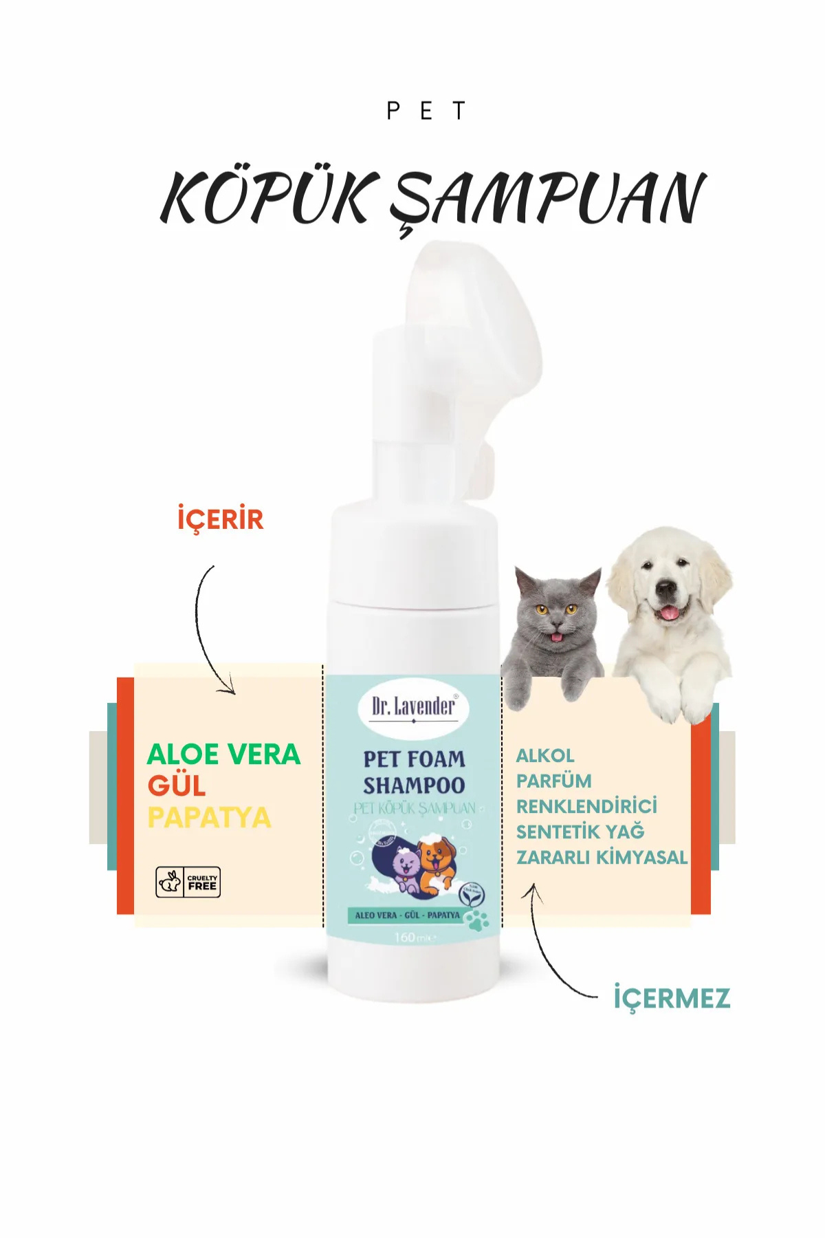 Pet Köpük Şampuanı (Aloe Vera, Gül, Papatya) Durulanmayan Susuz Fırçalı